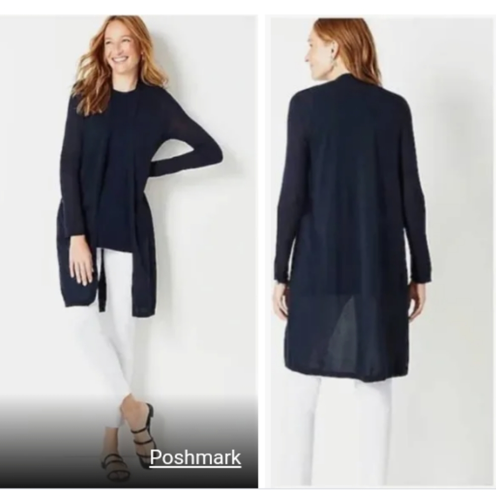 J Jill Navy Semi Sheer Long Open Cardigan Size Sp